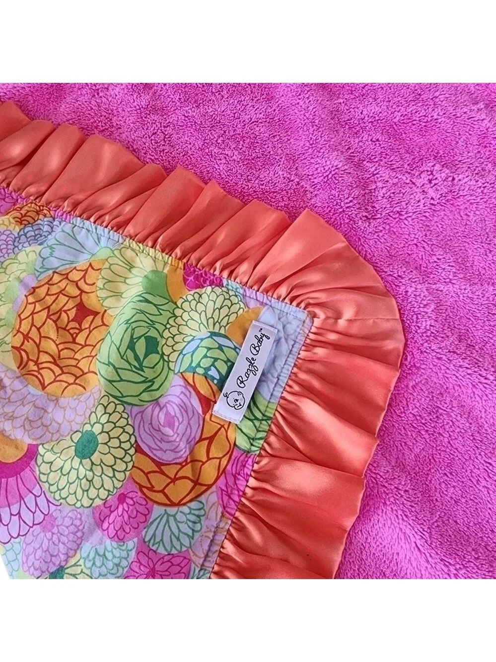 Razzle baby satin / plush Minky wooby security baby blanket floral pink & orange